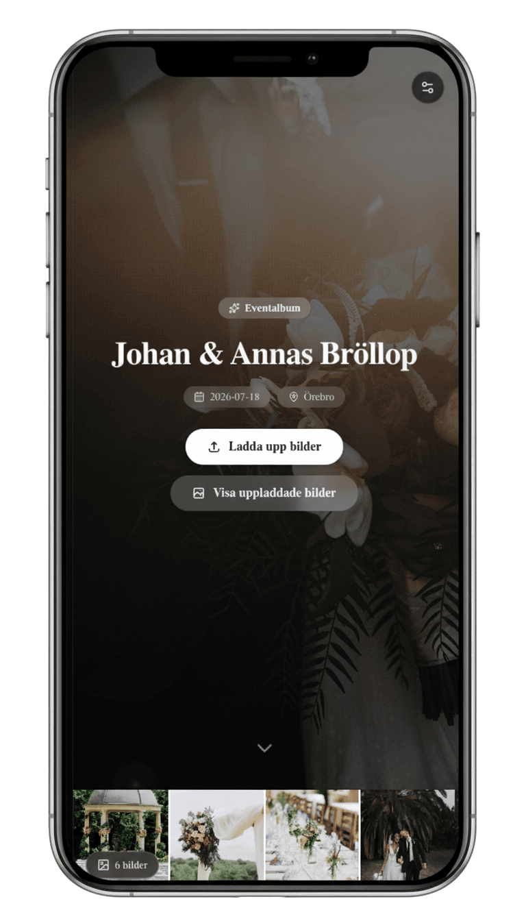 Exempel på Digipics gästsida i mobilen med knappar för att ta foton och välja filer