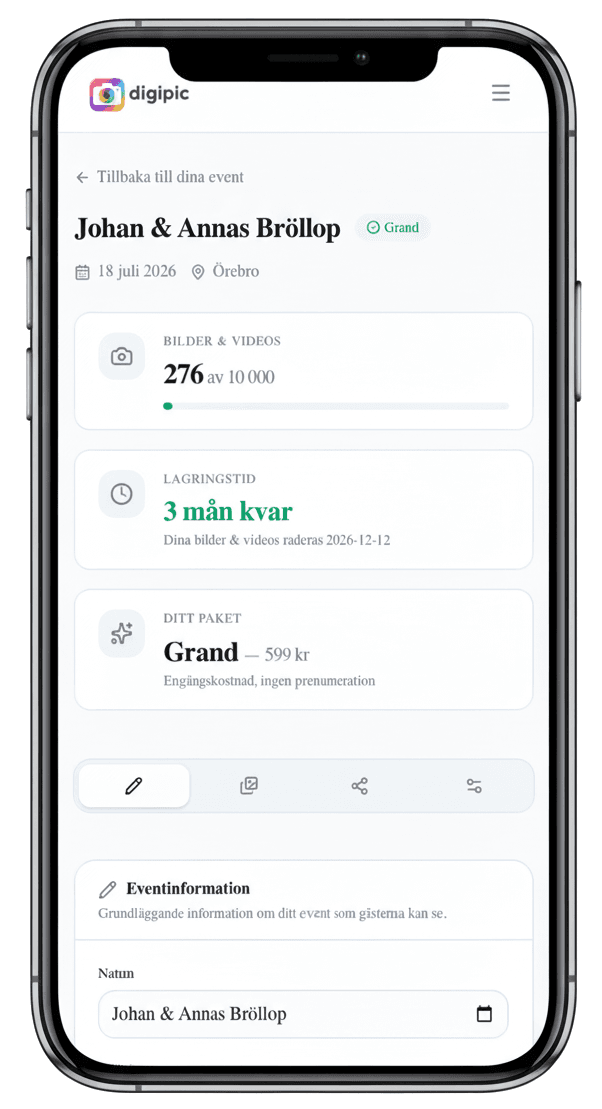 Digipics arrangörsvy med antal uppladdningar, lagringstid och eventinställningar