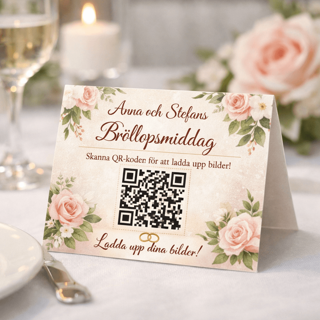 Utskriven QR-kod på ett bröllopsbord – gästerna skannar och laddar upp bilder direkt